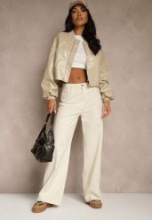 Jasnobeżowe Jeansy Wide Leg High Waist z Postrzępionymi Krawędziami Brizess. Brązowe jeansy damskie Renee, bez wzorów, z jeansu, z podwyższonym stanem. Za 99.99 zł.