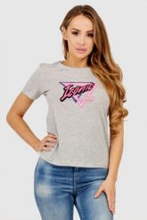 GUESS Szary t-shirt damski iconic. Szare t-shirty damskie Guess, s, z aplikacjami, z bawełny, bez kołnierzyka, bez ramiączek. W wyprzedaży za 109.99 zł.