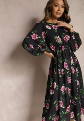 Czarno-Różowa Midi Sukienka w Kwiaty o Rozkloszowanym Kroju z Rękawami Nietoperz Jervia. Czarne sukienki damskie Renee, l, bez wzorów, eleganckie, bez kołnierzyka, bez ramiączek, midi, rozkloszowane. Za 49.99 zł.