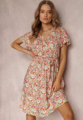 Pomarańczowo-Jasnozielona Sukienka z Wiskozy Savvogeus. Brązowe sukienki damskie Renee, l, bez wzorów, z materiału, eleganckie, bez kołnierzyka, bez ramiączek, midi, kopertowe. Za 54.99 zł.