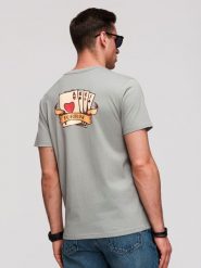 Męski bawełniany T-shirt o kroju regular z printem w stylu vitage tattoo - szary V1. Szare t-shirty męskie Ombre Clothing, m, bez wzorów, z bawełny, bez kołnierzyka, bez ramiączek. W wyprzedaży za 59.99 zł.