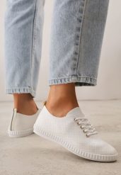 Beżowe Minimalistyczne Tenisówki z Imitacji Skóry z Drobną Perforacją Lalosa. Brązowe trampki i tenisówki damskie Born2be, bez wzorów, z dzianiny, bez zapięcia. Za 59.99 zł.