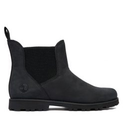 Sztyblety Timberland. Czarne botki damskie Timberland, bez wzorów, bez obcasa, na płaskiej podeszwie, bez zapięcia. Za 319.99 zł.