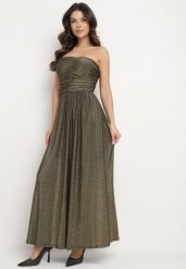 Złota Sukienka Koktajlowa Bandeau z Wiskozą Ozdobiona Marszczeniem Nalithae. Żółte sukienki damskie Born2be, na co dzień, l, bez wzorów, z jeansu, eleganckie, bez kołnierzyka, bez ramiączek, maxi, kopertowe. Za 169.99 zł.