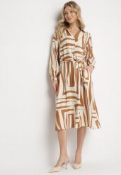 Beżowa Sukienka Koszulowa z Wiskozą w Geometryczny Wzór Wiązana w Talii Ninalora. Brązowe sukienki damskie Born2be, na co dzień, l, bez wzorów, z wiskozy, eleganckie, bez kołnierzyka, bez ramiączek, midi, koszulowe. Za 129.99 zł.