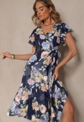 Niebieska Kopertowa Sukienka w Kwiaty Atesalia. Niebieskie sukienki damskie Renee, na co dzień, na wiosnę, m, bez wzorów, eleganckie, bez kołnierzyka, bez ramiączek, midi, kopertowe. Za 84.99 zł.