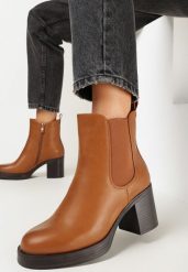 Brązowe Botki na Słupku z Elastyczną Wstawką Rifaog. Brązowe botki damskie Born2be, bez wzorów, bez obcasa, na obcasie, bez zapięcia. Za 149.99 zł.