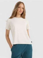 4F T-shirt z prążkowanej dzianiny z modalem damski - beżowy L. Brązowe t-shirty damskie 4F, l, bez wzorów, z dzianiny, bez kołnierzyka, bez ramiączek. Za 79.99 zł.