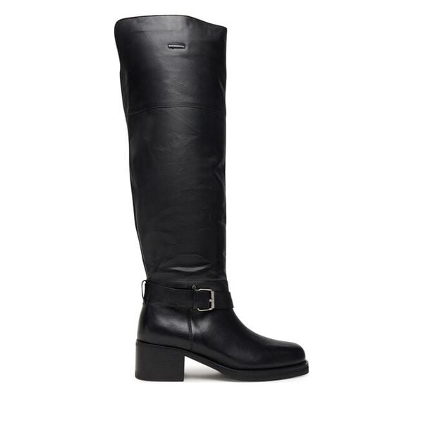 Kozaki Bronx. Czarne kozaki damskie Bronx, bez wzorów, bez obcasa, na słupku, bez zapięcia. Za 749.99 zł.