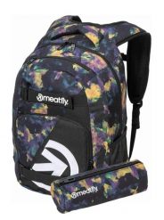 Plecak na laptopa z paskami na deskorolkę - Dark Aquarel Meatfly + piórnik. Niebieskie plecaki męskie Meatfly, bez wzorów, z materiału, biznesowe. Za 237.99 zł.