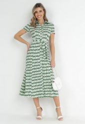 Zielona Koszulowa Sukienka Maxi z Materiałowym Paskiem Rainora. Zielone sukienki damskie Born2be, na co dzień, l, bez wzorów, z materiału, eleganckie, bez kołnierzyka, bez ramiączek, maxi, kopertowe. Za 179.99 zł.