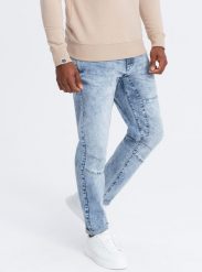 Ombre Jeansowe spodnie męskie TAPER FIT z przeszyciami i podwiniętymi nogawkami błękitne V1 OM-PADP-0161 S. Niebieskie spodnie sportowe męskie Ombre, m, bez wzorów, z jeansu. Za 159.99 zł.