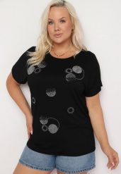 Czarny T-shirt z Bawełny Wykończony Cyrkoniami Krissianne. Czarne t-shirty damskie Born2be, l, z aplikacjami, z bawełny, biznesowe, bez kołnierzyka, bez ramiączek. Za 19.99 zł.
