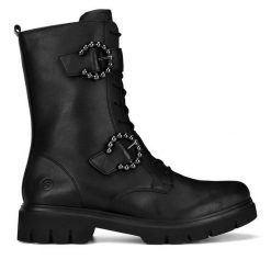 Botki Remonte. Czarne botki damskie Remonte, bez wzorów, bez obcasa, na płaskiej podeszwie, bez zapięcia. Za 363.99 zł.