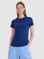 4F T-shirt slim gładki damski - granatowy XS. Niebieskie t-shirty damskie 4F, xs, bez wzorów, z bawełny, klasyczne, bez kołnierzyka, bez ramiączek. Za 39.99 zł.