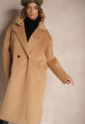 Ciemnobeżowy Klasyczny Płaszcz o Dwurzędowym Kroju z Kieszeniami Malwilina. Brązowe płaszcze damskie Renee, l, z aplikacjami, z jeansu, eleganckie, bez kołnierzyka, bez kaptura. Za 179.99 zł.