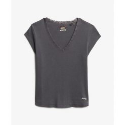 Koszulka damska z koronkowym wykończeniem Superdry Essential. Szare bluzki damskie Superdry, bez wzorów, z koronki, bez kołnierzyka, bez ramiączek. Za 122.25 zł.