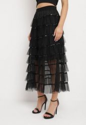 Czarna Spódnica Maxi o Rozkloszowanym Fasonie Ozdobiona Falbankami i Cekinami Meepa. Czarne spódnice damskie Born2be, m, bez wzorów, z materiału, maxi, rozkloszowane. Za 79.99 zł.