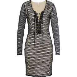 Sukienka siatkowa ze sznurowaniem bonprix czarno-naturalny. Czarne sukienki damskie bonprix, bez wzorów, bez kołnierzyka, bez ramiączek. Za 38.99 zł.