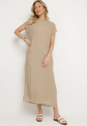 Beżowa Sukienka Pudełkowa Ozdobiona Wiązaniem Napelira. Brązowe sukienki damskie Born2be, na co dzień, l, bez wzorów, z jeansu, eleganckie, bez kołnierzyka, bez ramiączek, maxi. Za 84.99 zł.