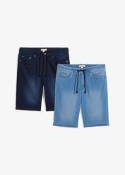Bermudy dresowo-dżinsowe o kroju regular fit z wygodnym paskiem w talii (2 szt.). Niebieskie jeansy męskie bonprix, z dresówki. Za 84.99 zł.