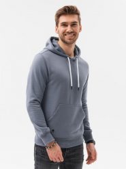 Bluza męska z kapturem BASIC - jeansowa V15 - Rozmiar: XL. Bluzy męskie Ombre Clothing, m, bez wzorów, z bawełny, klasyczne, bez ramiączek, z kapturem. W wyprzedaży za 29.99 zł.