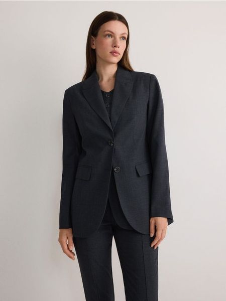 Marynarka z wełną - ciemnoszary. Szare marynarki i żakiety damskie Reserved, bez wzorów, z tkaniny, bez kołnierzyka, bez ramiączek. W wyprzedaży za 219.99 zł.