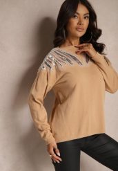 Ciemnobeżowy Sweter z Wiskozą Ozdobiony Koralikami i Cekinami Nevarita. Brązowe swetry nierozpinane damskie Renee, na zimę, m, bez wzorów, z wiskozy, casualowe, bez kołnierzyka, bez ramiączek. Za 79.99 zł.