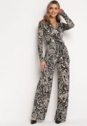 Czarno-Beżowa Rozkloszowana Midi Sukienka z Materiałowym Paskiem w Modny Print Zamipa. Czarne sukienki damskie Born2be, s, bez wzorów, z elastanu, bez kołnierzyka, bez ramiączek, midi, rozkloszowane. Za 89.99 zł.