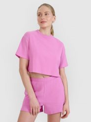 4F T-shirt crop top z waflowej dzianiny damski - różowy XL. Czerwone t-shirty damskie 4F, xl, bez wzorów, z bawełny, sportowe, bez kołnierzyka, bez ramiączek. W wyprzedaży za 49.99 zł.