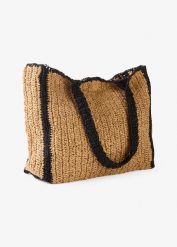 Słomkowa torba typu shopper z kontrastowymi detalami. Brązowe shopperki damskie bonprix, bez wzorów, bez dodatków. Za 74.99 zł.