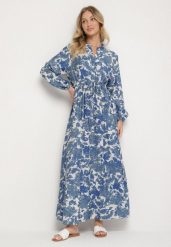 Niebieska Rozkloszowana Sukienka z Wiskozą w Kwiatowy Wzór Filirelle. Niebieskie sukienki damskie Born2be, na spotkanie biznesowe, l, bez wzorów, z wiskozy, eleganckie, bez kołnierzyka, bez ramiączek, maxi, rozkloszowane. Za 119.99 zł.