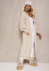 Beżowy Kardigan Długi z Bufiastym Rękawem Mesho. Brązowe kardigany damskie Renee, bez wzorów, z jeansu, eleganckie, bez kołnierzyka. Za 109.99 zł.
