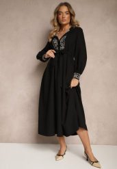 Czarna Sukienka Rozkloszowana z Wiskozą Zdobiona Haftem i Wiązana w Talii Ninalisa. Czarne sukienki damskie Renee, na co dzień, l, z aplikacjami, z wiskozy, eleganckie, bez kołnierzyka, bez ramiączek, maxi, kopertowe. Za 139.99 zł.