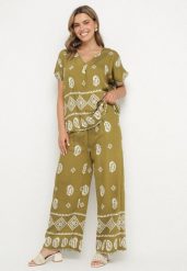Zielono-Biały Bawełniany Komplet Koszula i Szerokie Spodnie w Stylu Boho Ollirive. Zielone koszule damskie Born2be, l, z aplikacjami, z bawełny, boho, bez kołnierzyka, bez ramiączek. Za 64.99 zł.