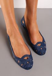 Granatowe Balerinki Ozdobione Wycięciami na Cholewce Sylaria. Niebieskie balerinki damskie Renee, bez wzorów, eleganckie, bez obcasa, bez zapięcia. Za 44.99 zł.