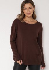 Brązowy Sweter z Kaszmirem i Ozdobnymi Kieszeniami Sanarea. Brązowe swetry nierozpinane damskie Born2be, bez wzorów, z jeansu, eleganckie, bez kołnierzyka, bez ramiączek. Za 99.99 zł.