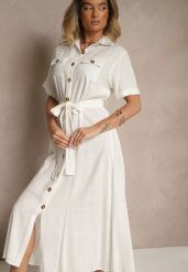 Biała Sukienka z Lnu i Wiskozy o Koszulowym Fasonie Weolara. Białe sukienki damskie Renee, na spotkanie biznesowe, na lato, l, bez wzorów, z materiału, eleganckie, bez kołnierzyka, bez ramiączek, maxi, dopasowane. Za 99.99 zł.