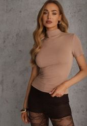 Beżowy Wiskozowy T-shirt o Dopasowanym Kroju z Golfem Isomina. Brązowe t-shirty damskie Renee, m, bez wzorów, z materiału, bez kołnierzyka, bez ramiączek. Za 69.99 zł.