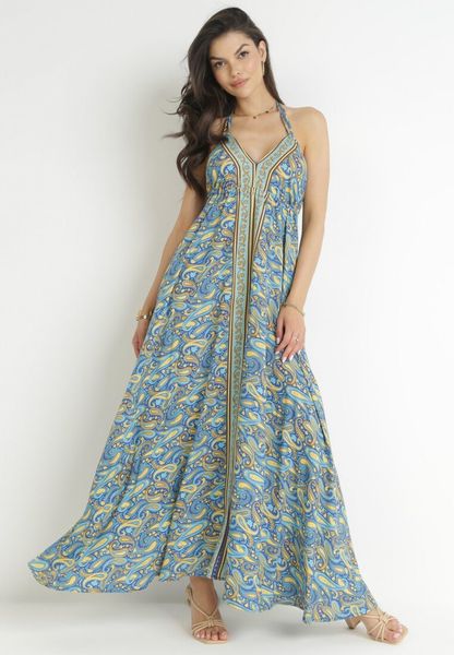 Niebieska Wiskozowa Sukienka Maxi z Wiązaniem na Szyi i Rozkloszowanym Dołem Jeanine. Niebieskie sukienki damskie Born2be, na co dzień, na lato, m, bez wzorów, z wiskozy, bez kołnierzyka, bez ramiączek, maxi, proste. Za 109.99 zł.