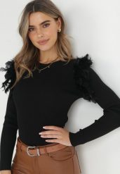 Czarny Sweter z Piórami i Koralikami Feco. Czarne swetry nierozpinane damskie Born2be, bez wzorów, z dzianiny, bez kołnierzyka, bez ramiączek. Za 119.99 zł.