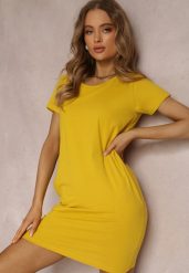 Żółta Sukienka Hyrmiala. Żółte sukienki damskie Renee, na co dzień, na lato, l, bez wzorów, z bawełny, eleganckie, bez kołnierzyka, bez ramiączek, mini, proste. Za 39.99 zł.