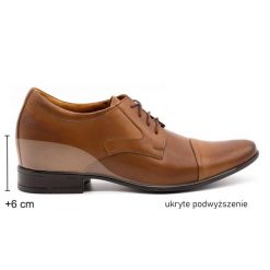 Olivier Buty męskie wizytowe P10 podwyższające brązowe. Brązowe buty wizytowe męskie bez wzorów, ze skóry, bez obcasa, bez zapięcia. Za 453.66 zł.