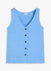 Top z plisą guzikową. Niebieskie topy damskie bonprix, bez wzorów, bez kołnierzyka, bez ramiączek. Za 64.99 zł.