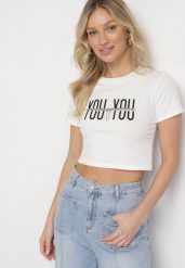 Biały Bawełniany T-shirt z Napisem i Łańcuchem Olimelia. Białe t-shirty damskie Born2be, m, bez wzorów, z bawełny, bez kołnierzyka, bez ramiączek. Za 34.99 zł.