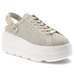 Klapki damskie S.Barski, ze skóry naturalnej licowej ażurowa cholewka platforma sznurowane styl casual, beżowe, LR61-7088. Brązowe klapki damskie S.BARSKI, w ażurowe wzory, ze skóry, casualowe, bez obcasa, na platformie, bez zapięcia. Za 229.00 zł.