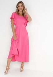 Fuksjowa Rozkloszowana Sukienka Zdobiona Falbanami Emilienne. Czerwone sukienki damskie Born2be, na co dzień, m, z aplikacjami, z jeansu, eleganckie, bez kołnierzyka, bez ramiączek, maxi, proste. Za 99.99 zł.