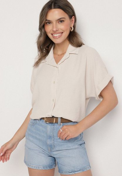 Beżowa Koszula z Krótkim Rękawem Natenna. Brązowe koszule damskie Born2be, bez wzorów, z jeansu, eleganckie, bez kołnierzyka, bez ramiączek. Za 69.99 zł.