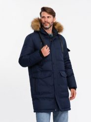 Długa ciepła kurtka męska z kapturem typu parka granatowa V1 OM-JALJ-0182 XL. Kurtki męskie Ombre, m, bez wzorów, z kapturem. Za 363.08 zł.