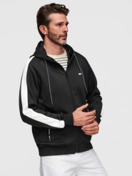 Męska rozpinana bluza z kapturem i lampasami - czarna V1 - Rozmiar: L. Czarne bluzy sportowe męskie Ombre Clothing, l, z aplikacjami, z dzianiny, z kapturem. Za 189.99 zł.